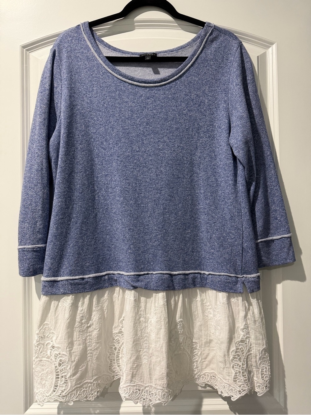 Hannah Blue Knit Tunic with White Lace Hem